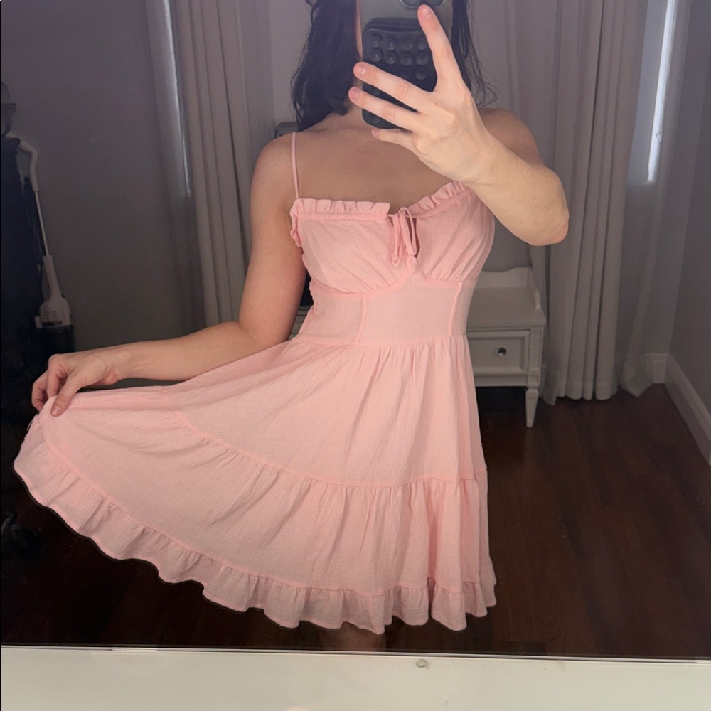 HoneyPeach Elegant Baby Pink Ruffled Sun Dress Medium
